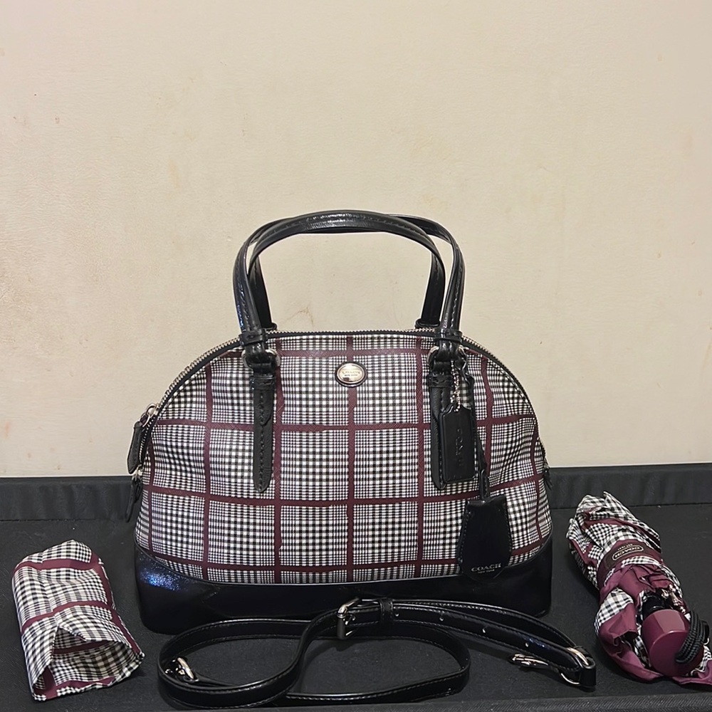 Coach Peyton Glen Plaid Dome Satchel and Matching  Umbrella.